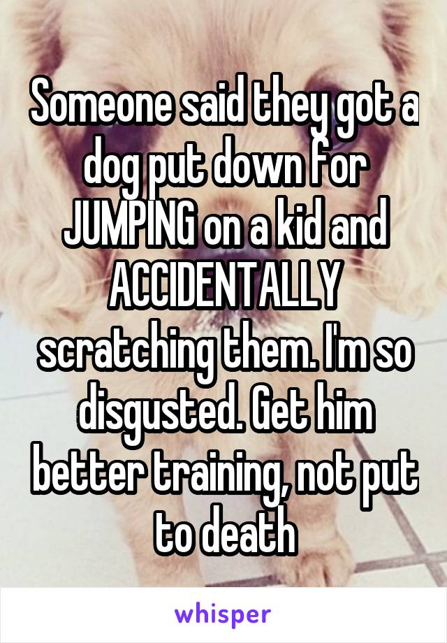 Someone said they got a dog put down for JUMPING on a kid and ACCIDENTALLY scratching them. I'm so disgusted. Get him better training, not put to death