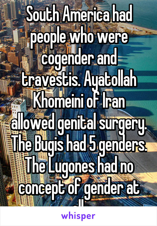 South America had people who were cogender and travestis. Ayatollah Khomeini of Iran allowed genital surgery. The Bugis had 5 genders. The Lugones had no concept of gender at all.