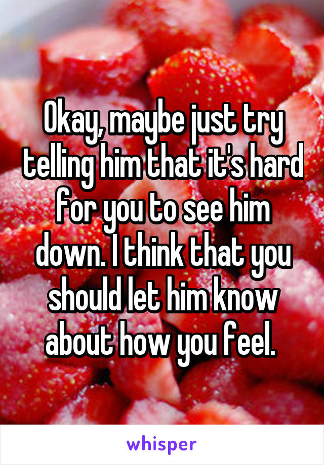 Okay, maybe just try telling him that it's hard for you to see him down. I think that you should let him know about how you feel. 