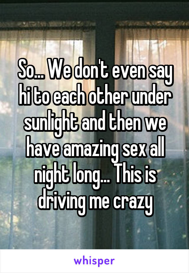 So... We don't even say hi to each other under sunlight and then we have amazing sex all night long... This is driving me crazy