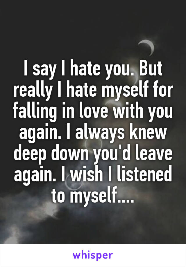 I say I hate you. But really I hate myself for falling in love with you again. I always knew deep down you'd leave again. I wish I listened to myself....