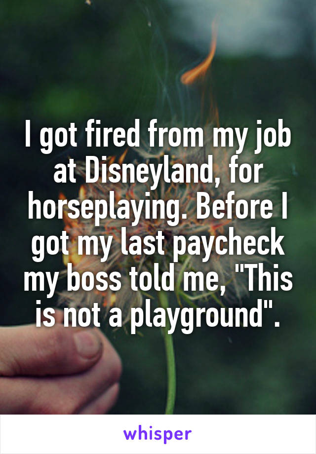 I got fired from my job at Disneyland, for horseplaying. Before I got my last paycheck my boss told me, "This is not a playground".