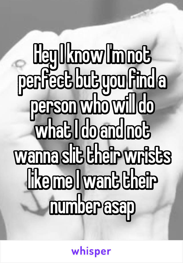 Hey I know I'm not perfect but you find a person who will do what I do and not wanna slit their wrists like me I want their number asap