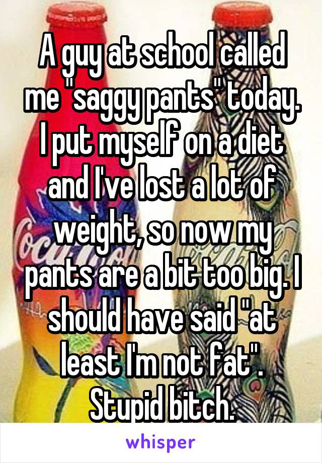 A guy at school called me "saggy pants" today. I put myself on a diet and I've lost a lot of weight, so now my pants are a bit too big. I should have said "at least I'm not fat". Stupid bitch.