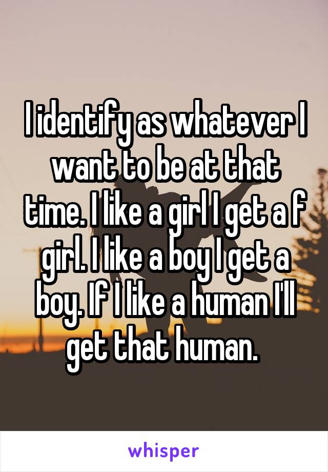 I identify as whatever I want to be at that time. I like a girl I get a f girl. I like a boy I get a boy. If I like a human I'll get that human. 