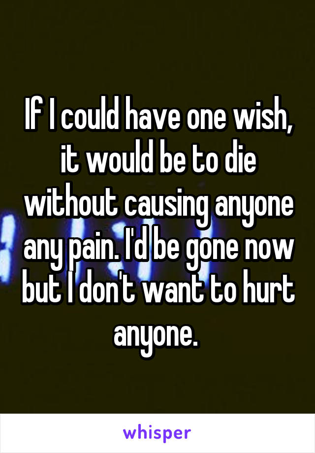 If I could have one wish, it would be to die without causing anyone any pain. I'd be gone now but I don't want to hurt anyone. 