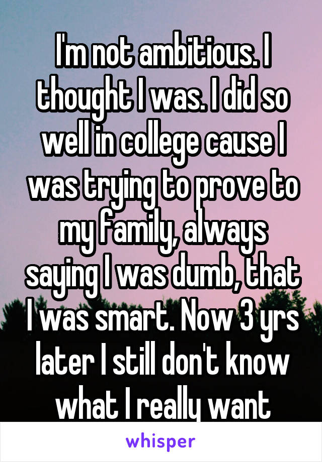 I'm not ambitious. I thought I was. I did so well in college cause I was trying to prove to my family, always saying I was dumb, that I was smart. Now 3 yrs later I still don't know what I really want