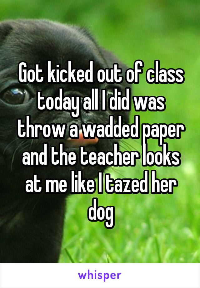 Got kicked out of class today all I did was throw a wadded paper and the teacher looks at me like I tazed her dog