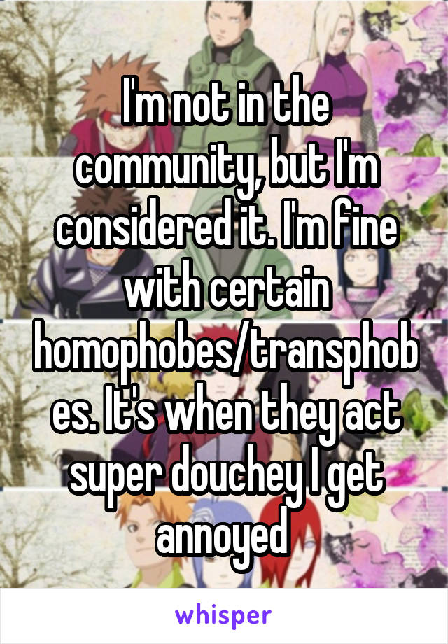 I'm not in the community, but I'm considered it. I'm fine with certain homophobes/transphobes. It's when they act super douchey I get annoyed 