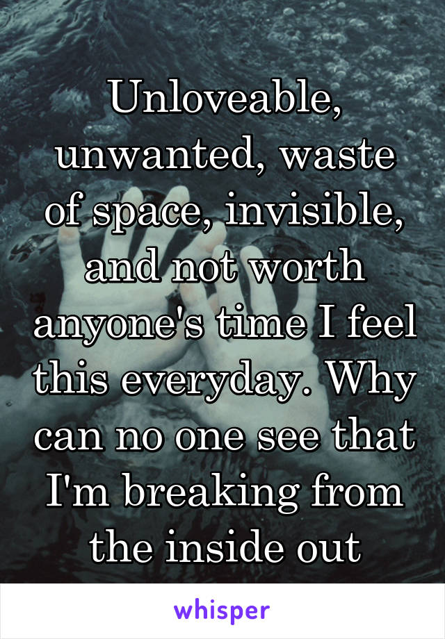 Unloveable, unwanted, waste of space, invisible, and not worth anyone's time I feel this everyday. Why can no one see that I'm breaking from the inside out