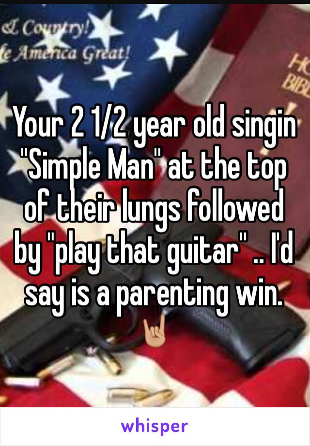 Your 2 1/2 year old singin "Simple Man" at the top of their lungs followed by "play that guitar" .. I'd say is a parenting win. 🤘🏼