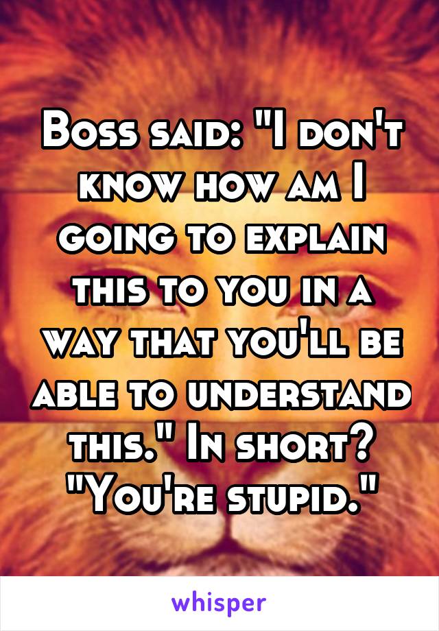 Boss said: "I don't know how am I going to explain this to you in a way that you'll be able to understand this." In short? "You're stupid."