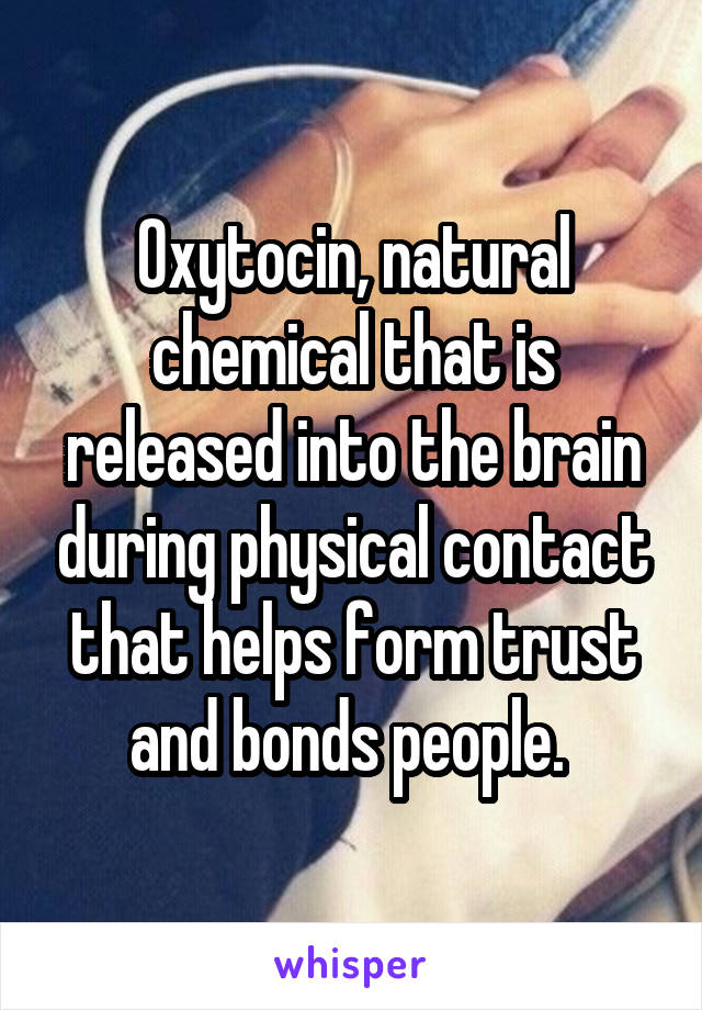 Oxytocin, natural chemical that is released into the brain during physical contact that helps form trust and bonds people. 