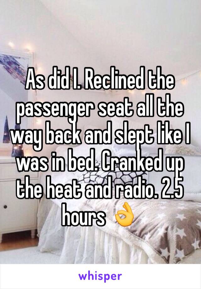 As did I. Reclined the passenger seat all the way back and slept like I was in bed. Cranked up the heat and radio. 2.5 hours 👌