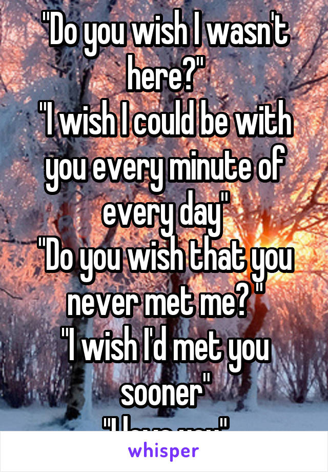 "Do you wish I wasn't here?"
"I wish I could be with you every minute of every day"
"Do you wish that you never met me? "
"I wish I'd met you sooner"
"I love you"