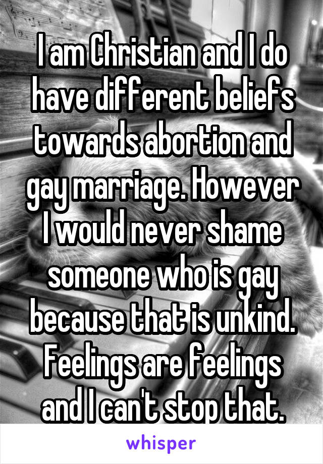 I am Christian and I do have different beliefs towards abortion and gay marriage. However I would never shame someone who is gay because that is unkind. Feelings are feelings and I can't stop that.