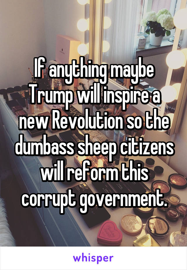 If anything maybe Trump will inspire a new Revolution so the dumbass sheep citizens will reform this corrupt government.