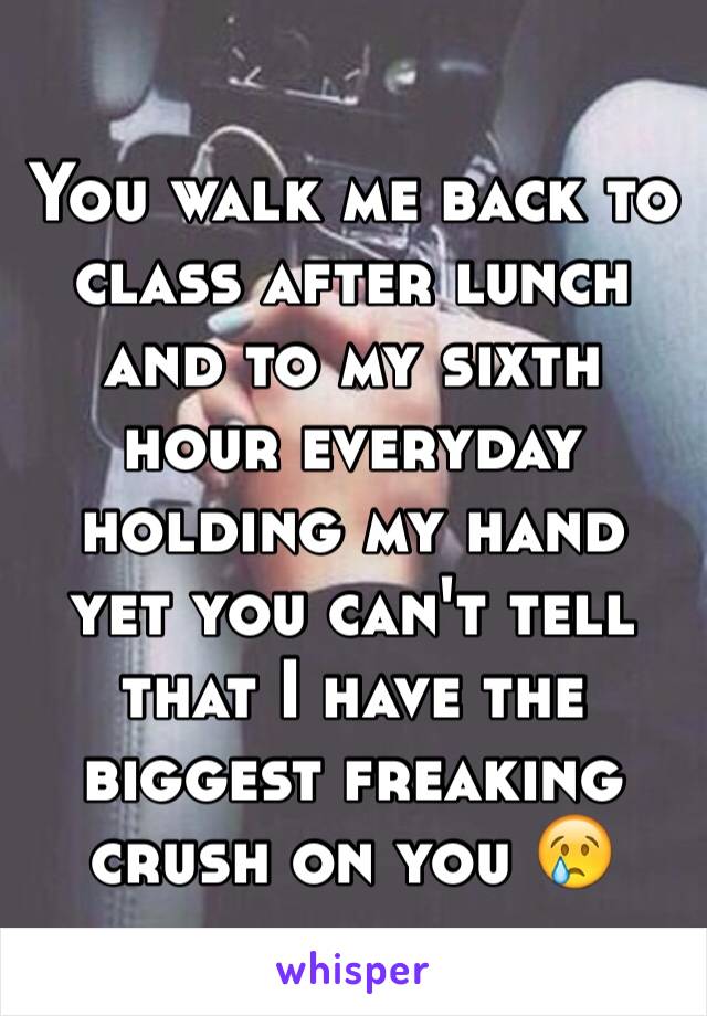 You walk me back to class after lunch and to my sixth hour everyday holding my hand yet you can't tell that I have the biggest freaking crush on you 😢 