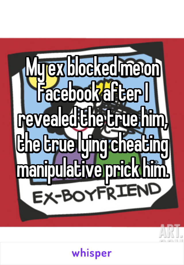 My ex blocked me on Facebook after I revealed the true him, the true lying cheating manipulative prick him.
