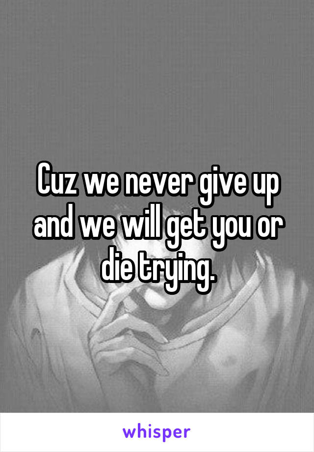 Cuz we never give up and we will get you or die trying.