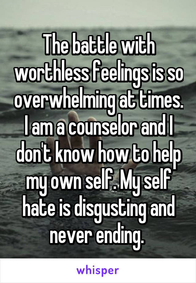 The battle with worthless feelings is so overwhelming at times. I am a counselor and I don't know how to help my own self. My self hate is disgusting and never ending. 