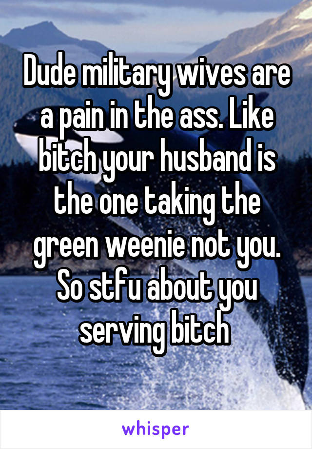 Dude military wives are a pain in the ass. Like bitch your husband is the one taking the green weenie not you. So stfu about you serving bitch 
