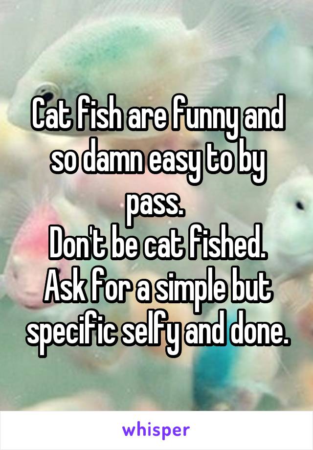 Cat fish are funny and so damn easy to by pass. 
Don't be cat fished.
Ask for a simple but specific selfy and done.