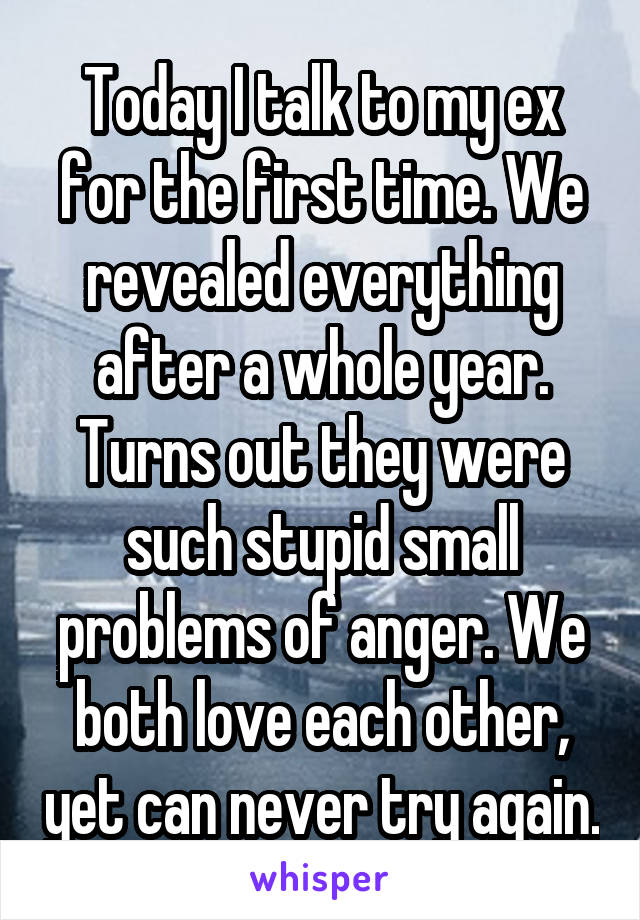 Today I talk to my ex for the first time. We revealed everything after a whole year. Turns out they were such stupid small problems of anger. We both love each other, yet can never try again.
