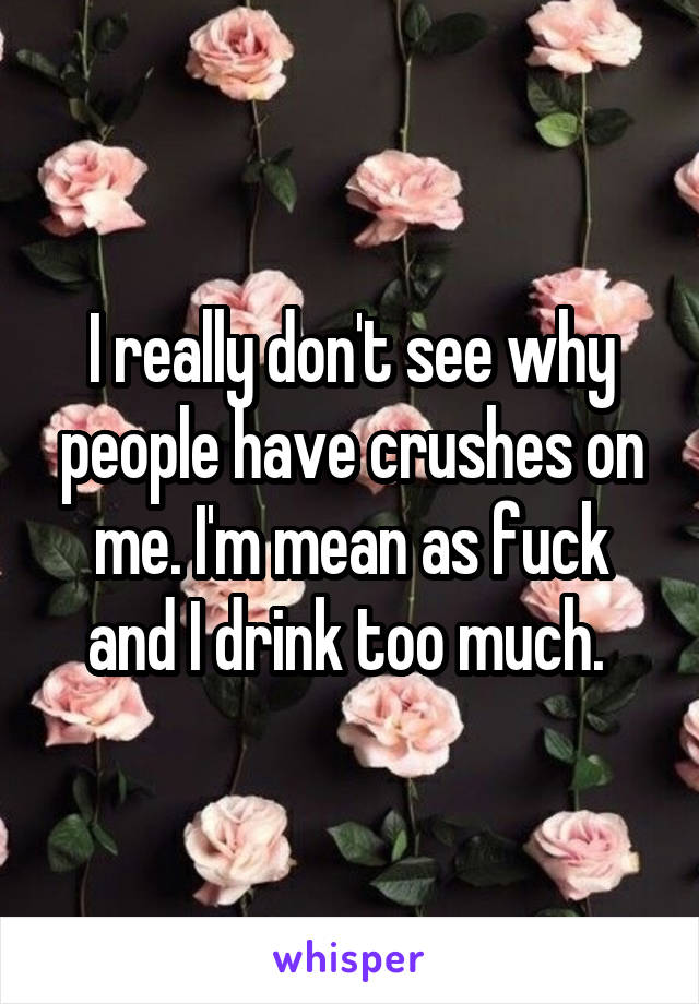 I really don't see why people have crushes on me. I'm mean as fuck and I drink too much. 