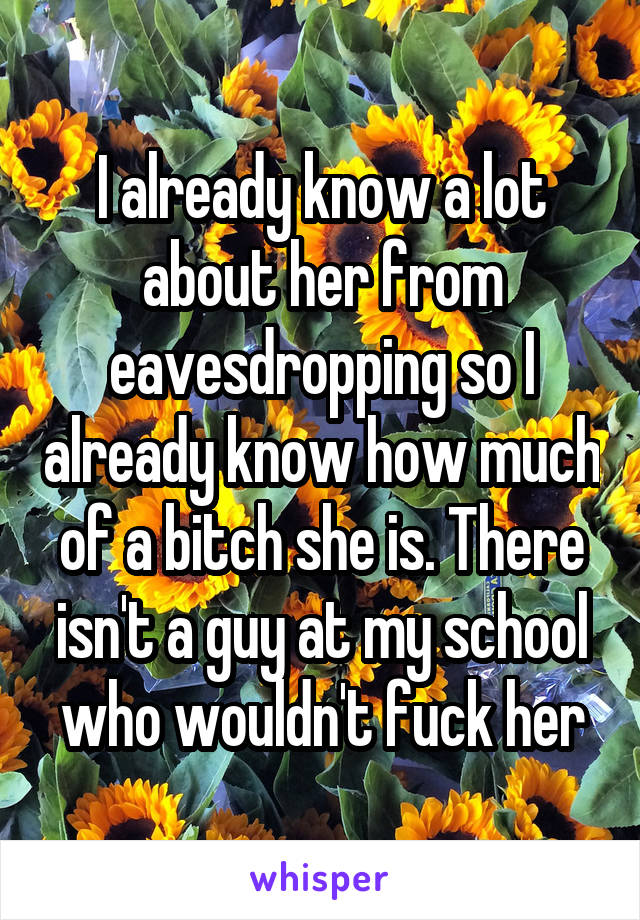 I already know a lot about her from eavesdropping so I already know how much of a bitch she is. There isn't a guy at my school who wouldn't fuck her