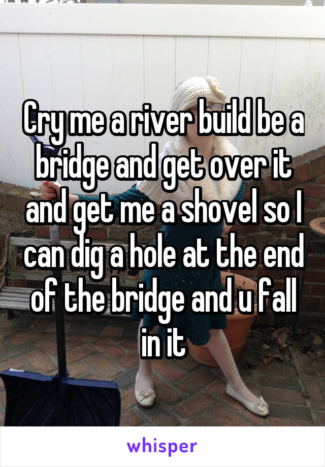 Cry me a river build be a bridge and get over it and get me a shovel so I can dig a hole at the end of the bridge and u fall in it