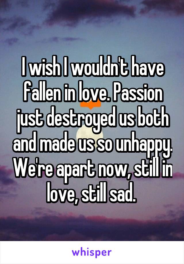 I wish I wouldn't have fallen in love. Passion just destroyed us both and made us so unhappy. We're apart now, still in love, still sad. 