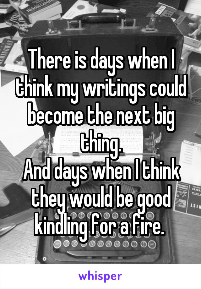 There is days when I think my writings could become the next big thing.
And days when I think they would be good kindling for a fire. 