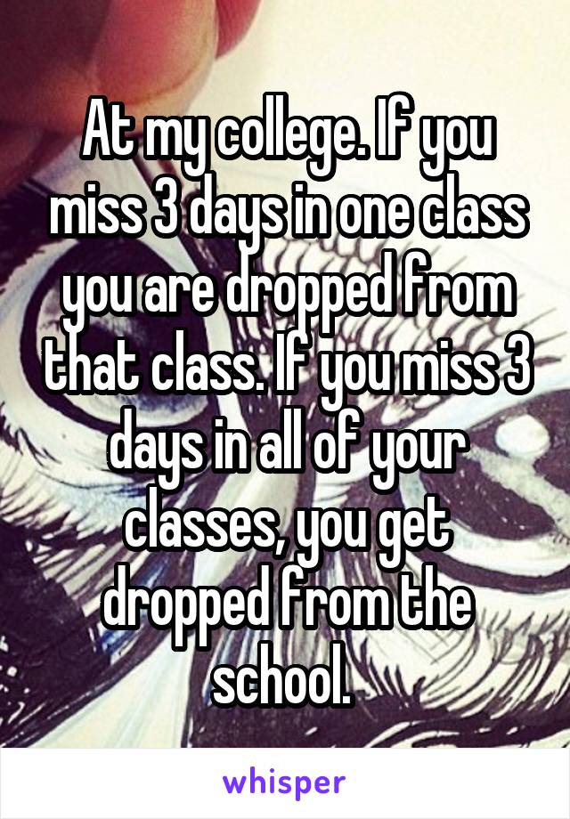 At my college. If you miss 3 days in one class you are dropped from that class. If you miss 3 days in all of your classes, you get dropped from the school. 
