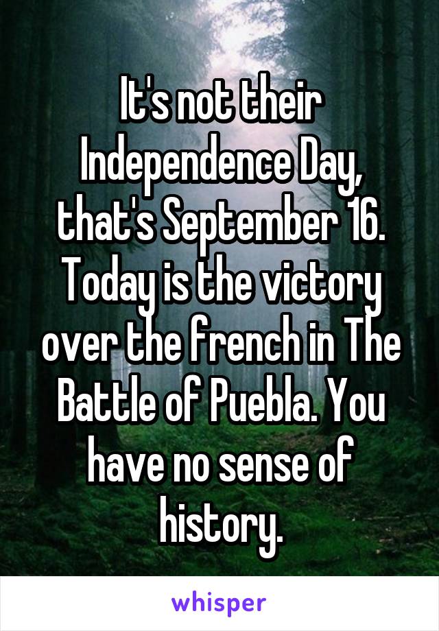 It's not their Independence Day, that's September 16. Today is the victory over the french in The Battle of Puebla. You have no sense of history.