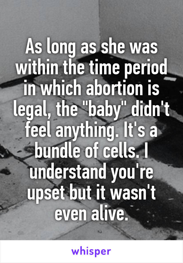 As long as she was within the time period in which abortion is legal, the "baby" didn't feel anything. It's a bundle of cells. I understand you're upset but it wasn't even alive.