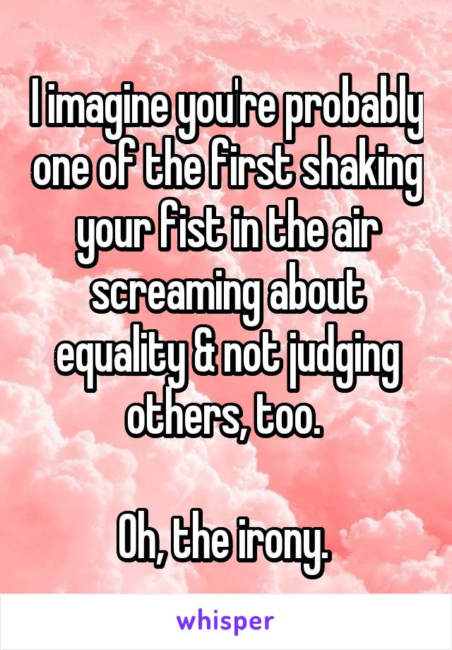 I imagine you're probably one of the first shaking your fist in the air screaming about equality & not judging others, too. 

Oh, the irony. 