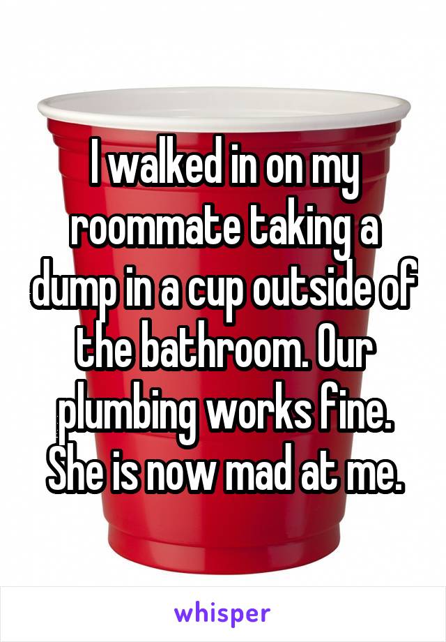 I walked in on my roommate taking a dump in a cup outside of the bathroom. Our plumbing works fine. She is now mad at me.