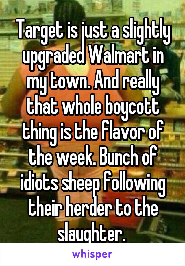 Target is just a slightly upgraded Walmart in my town. And really that whole boycott thing is the flavor of the week. Bunch of idiots sheep following their herder to the slaughter. 