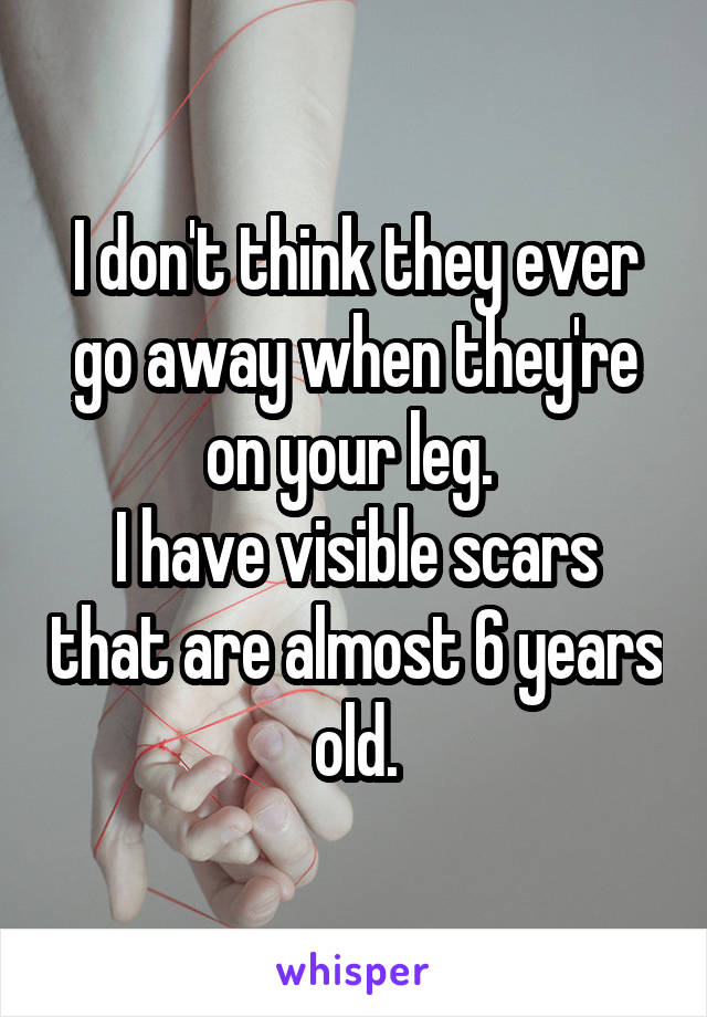 I don't think they ever go away when they're on your leg. 
I have visible scars that are almost 6 years old.