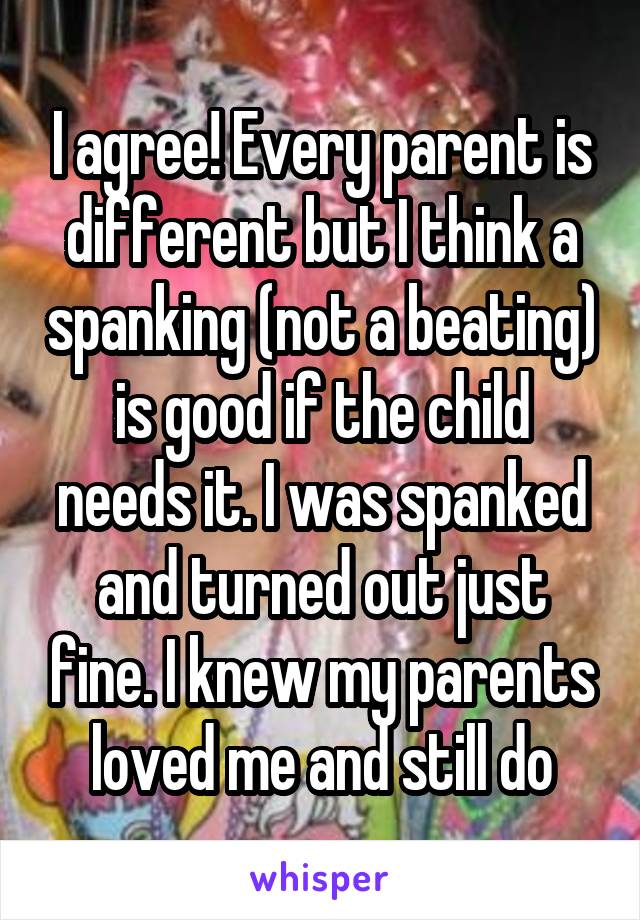 I agree! Every parent is different but I think a spanking (not a beating) is good if the child needs it. I was spanked and turned out just fine. I knew my parents loved me and still do