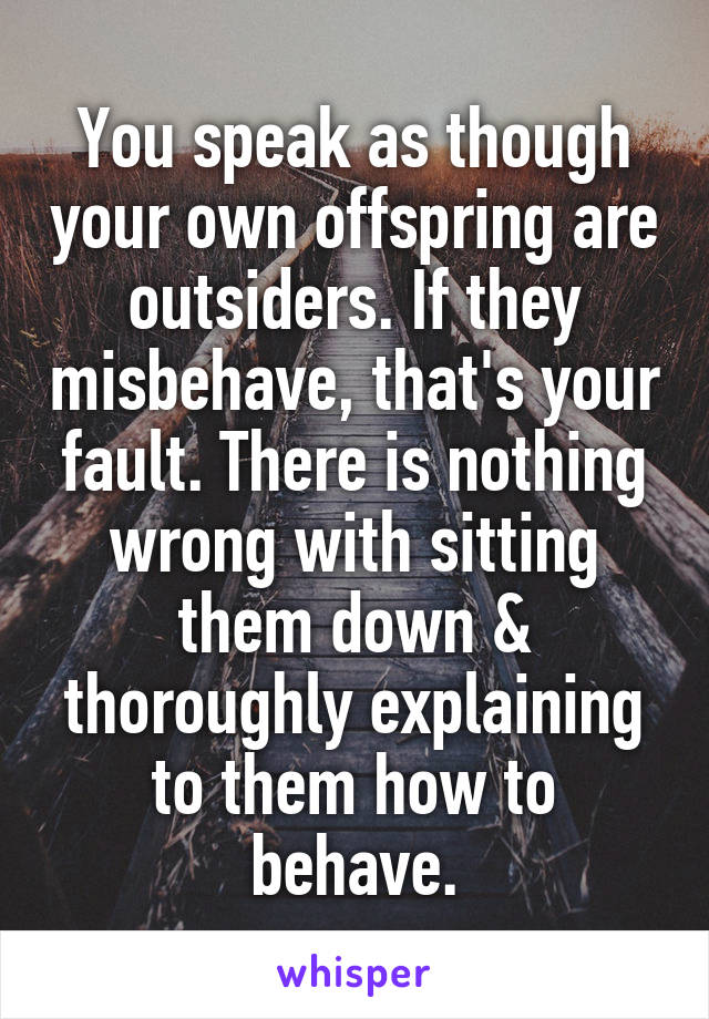 You speak as though your own offspring are outsiders. If they misbehave, that's your fault. There is nothing wrong with sitting them down & thoroughly explaining to them how to behave.