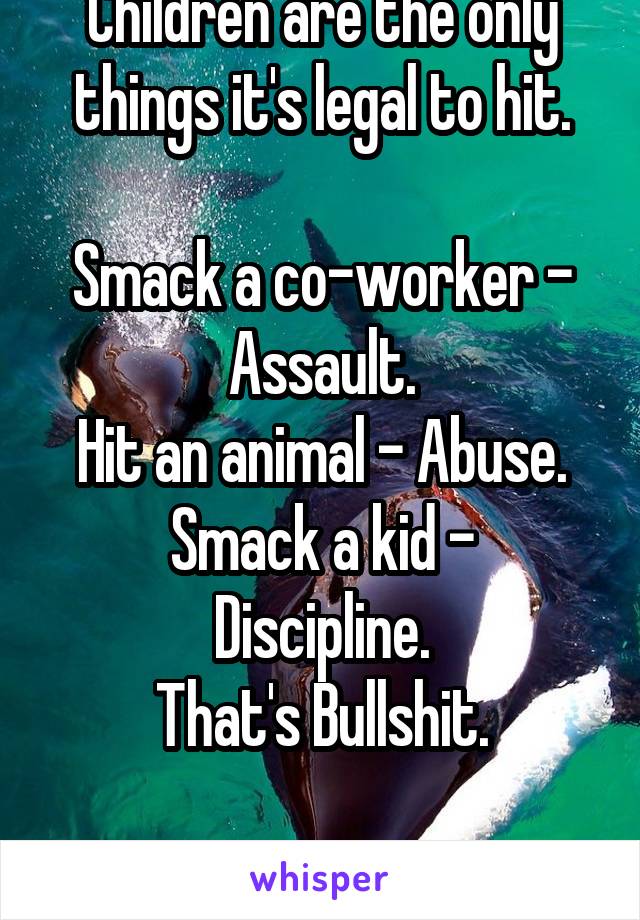 Children are the only things it's legal to hit.

Smack a co-worker - Assault.
Hit an animal - Abuse.
Smack a kid - Discipline.
That's Bullshit.

