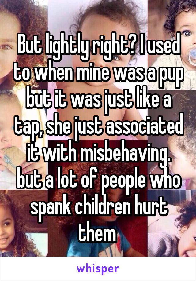 But lightly right? I used to when mine was a pup but it was just like a tap, she just associated it with misbehaving. but a lot of people who spank children hurt them 