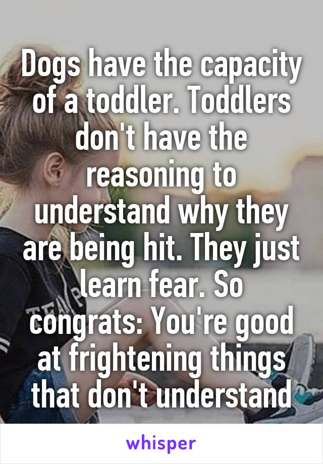 Dogs have the capacity of a toddler. Toddlers don't have the reasoning to understand why they are being hit. They just learn fear. So congrats: You're good at frightening things that don't understand