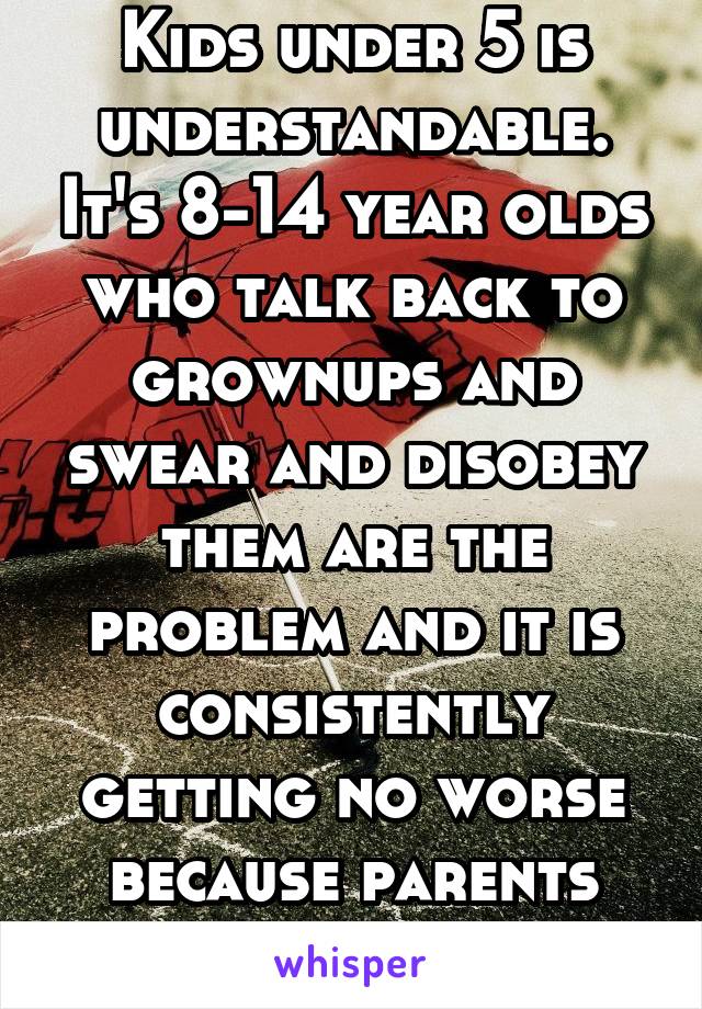 Kids under 5 is understandable. It's 8-14 year olds who talk back to grownups and swear and disobey them are the problem and it is consistently getting no worse because parents don't reprimand.