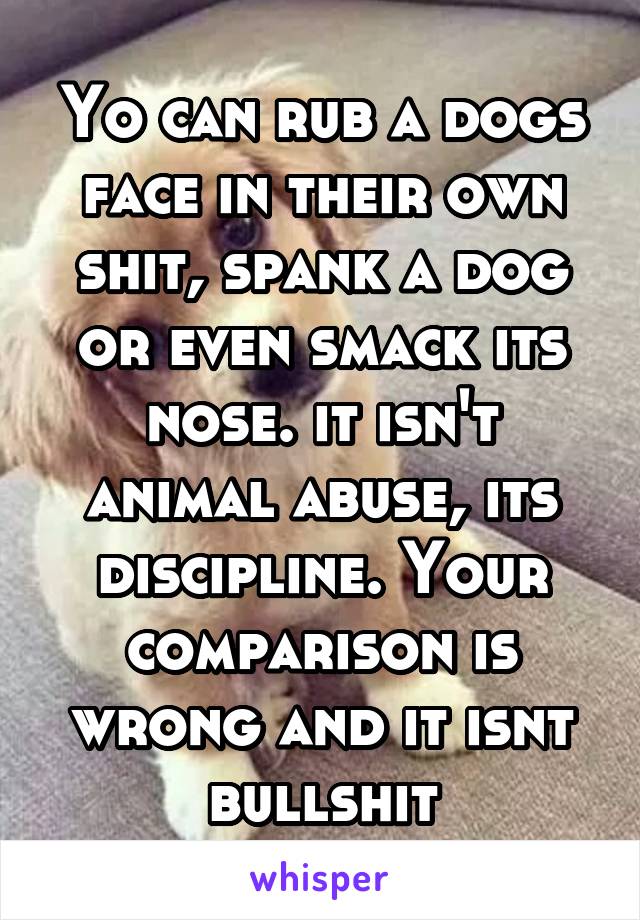 Yo can rub a dogs face in their own shit, spank a dog or even smack its nose. it isn't animal abuse, its discipline. Your comparison is wrong and it isnt bullshit