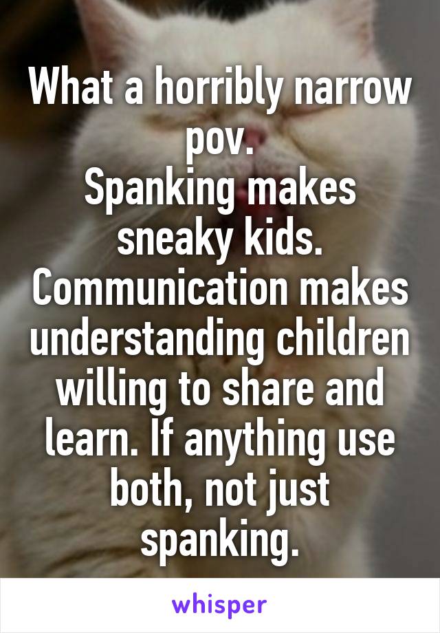 What a horribly narrow pov.
Spanking makes sneaky kids. Communication makes understanding children willing to share and learn. If anything use both, not just spanking.