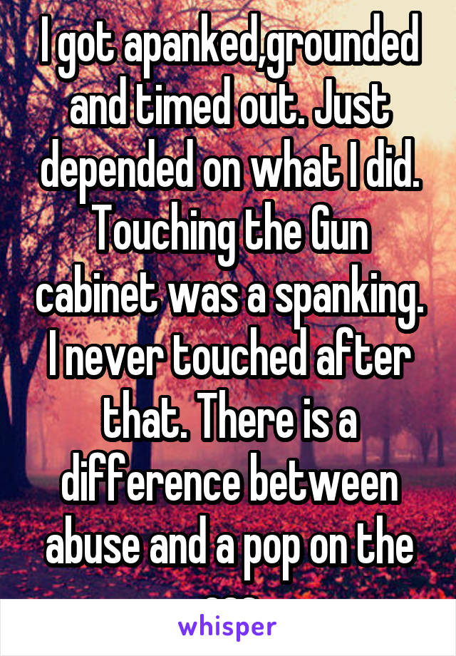 I got apanked,grounded and timed out. Just depended on what I did. Touching the Gun cabinet was a spanking. I never touched after that. There is a difference between abuse and a pop on the ass