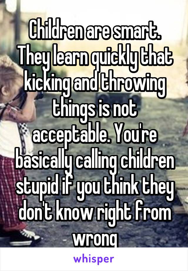 Children are smart. They learn quickly that kicking and throwing things is not acceptable. You're basically calling children stupid if you think they don't know right from wrong